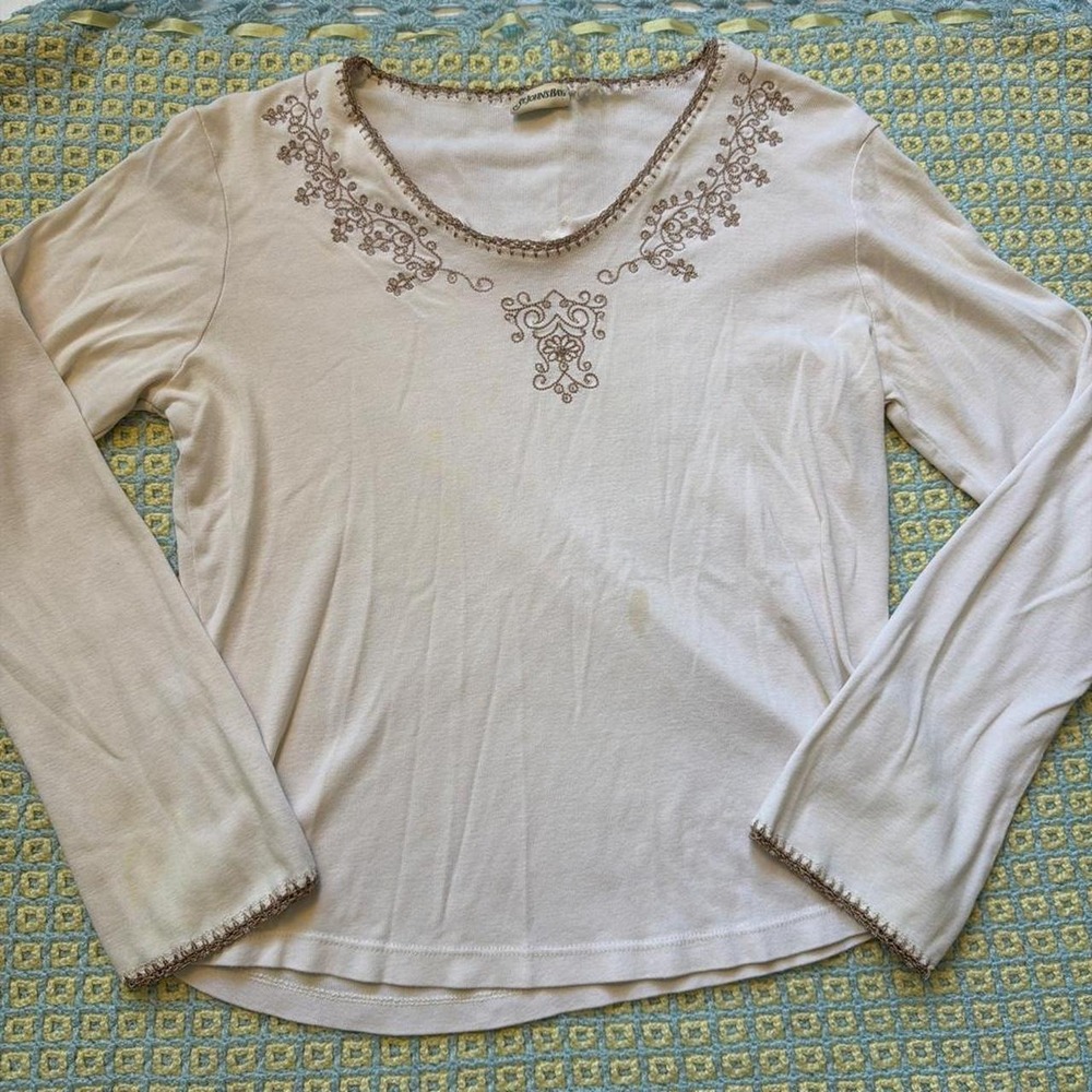 St. Johns Bay Vintage Cottagecore Embroidered Beaded Cream Long Sleeve Top S/M